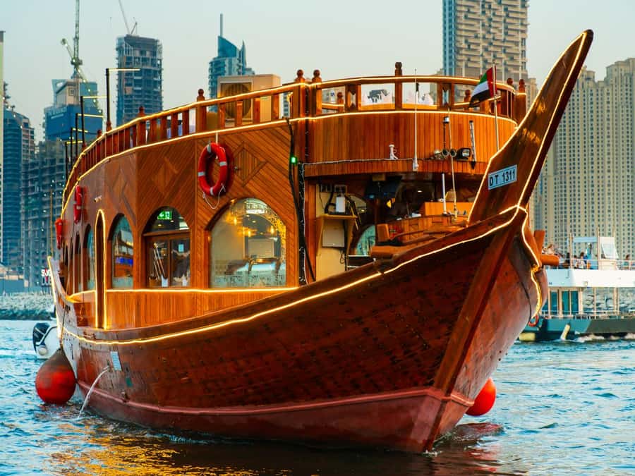 5-Star Marina Dhow Dinner Cruise With Live Entertainment - Dubai Marina after dark, seen from the water
