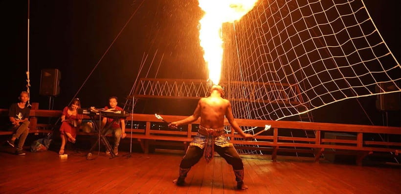 Bali Phinisi Cruise: Sunset Dinner with Live Music & Buffet - Four buffet counters and the dinner setup